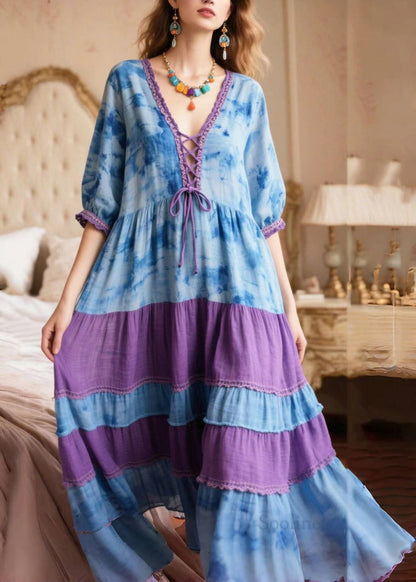 Boho Blue Tie Dye Patchwork Cross Strap Holiday Dress Summer