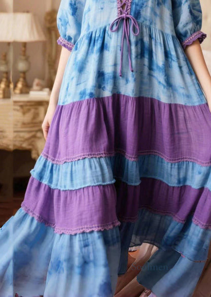 Boho Blue Tie Dye Patchwork Cross Strap Holiday Dress Summer