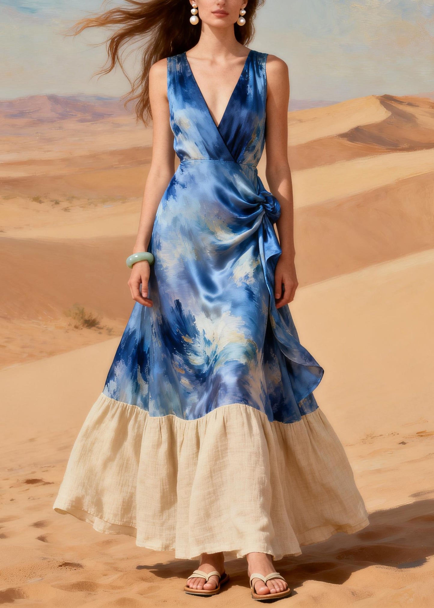 Boho Blue Tie Dye Patchwork Silk Holiday Dress Summer