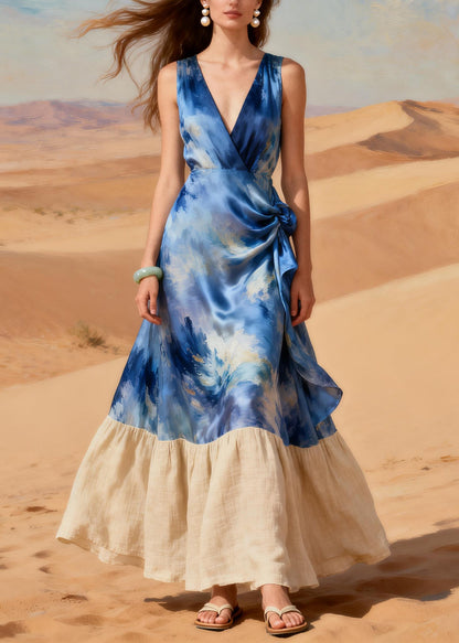 Boho Blue Tie Dye Patchwork Silk Holiday Dress Summer
