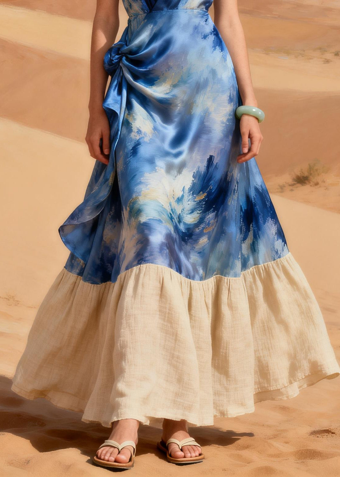 Boho Blue Tie Dye Patchwork Silk Holiday Dress Summer