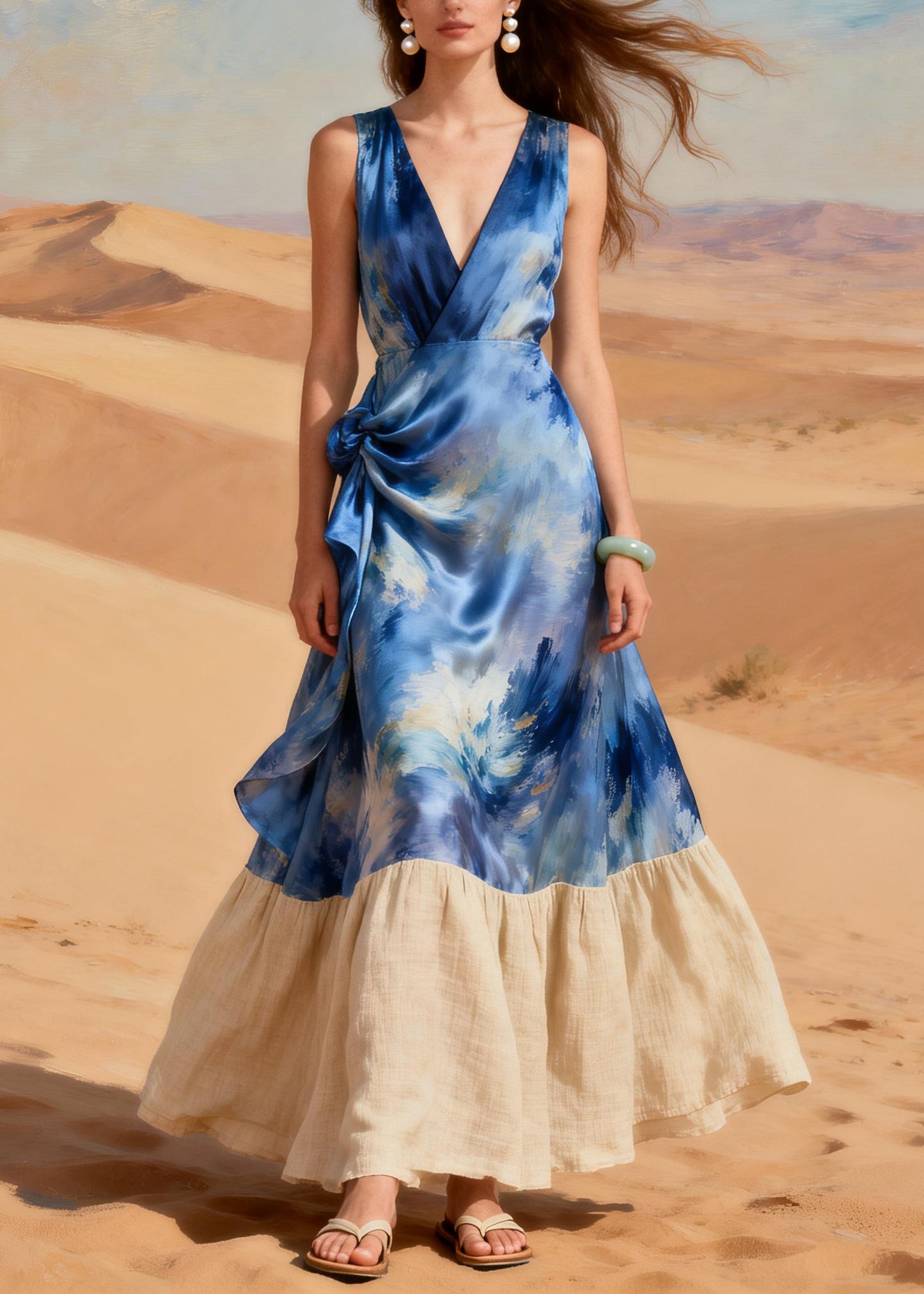 Boho Blue Tie Dye Patchwork Silk Holiday Dress Summer