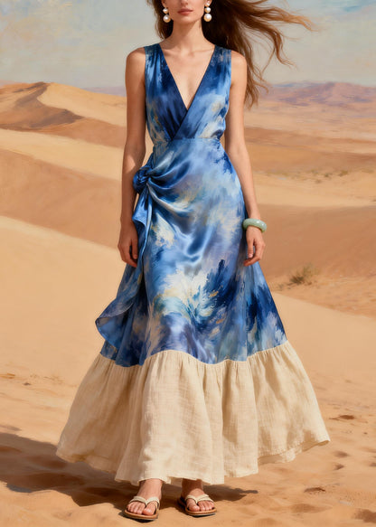 Boho Blue Tie Dye Patchwork Silk Holiday Dress Summer