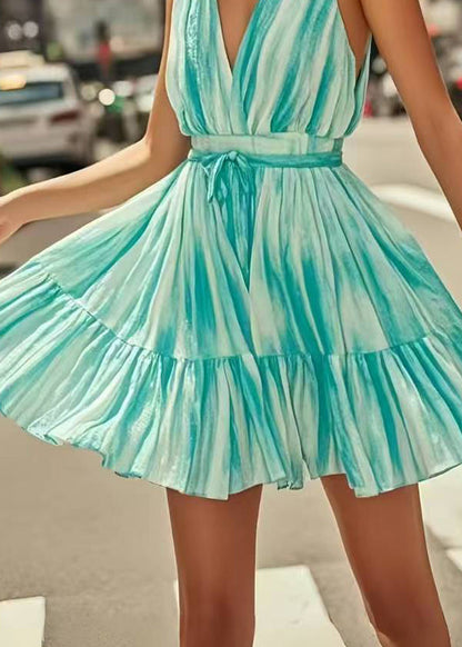 Boho Blue Tie Dye Tie Waist Chiffon Mini Dress Summer