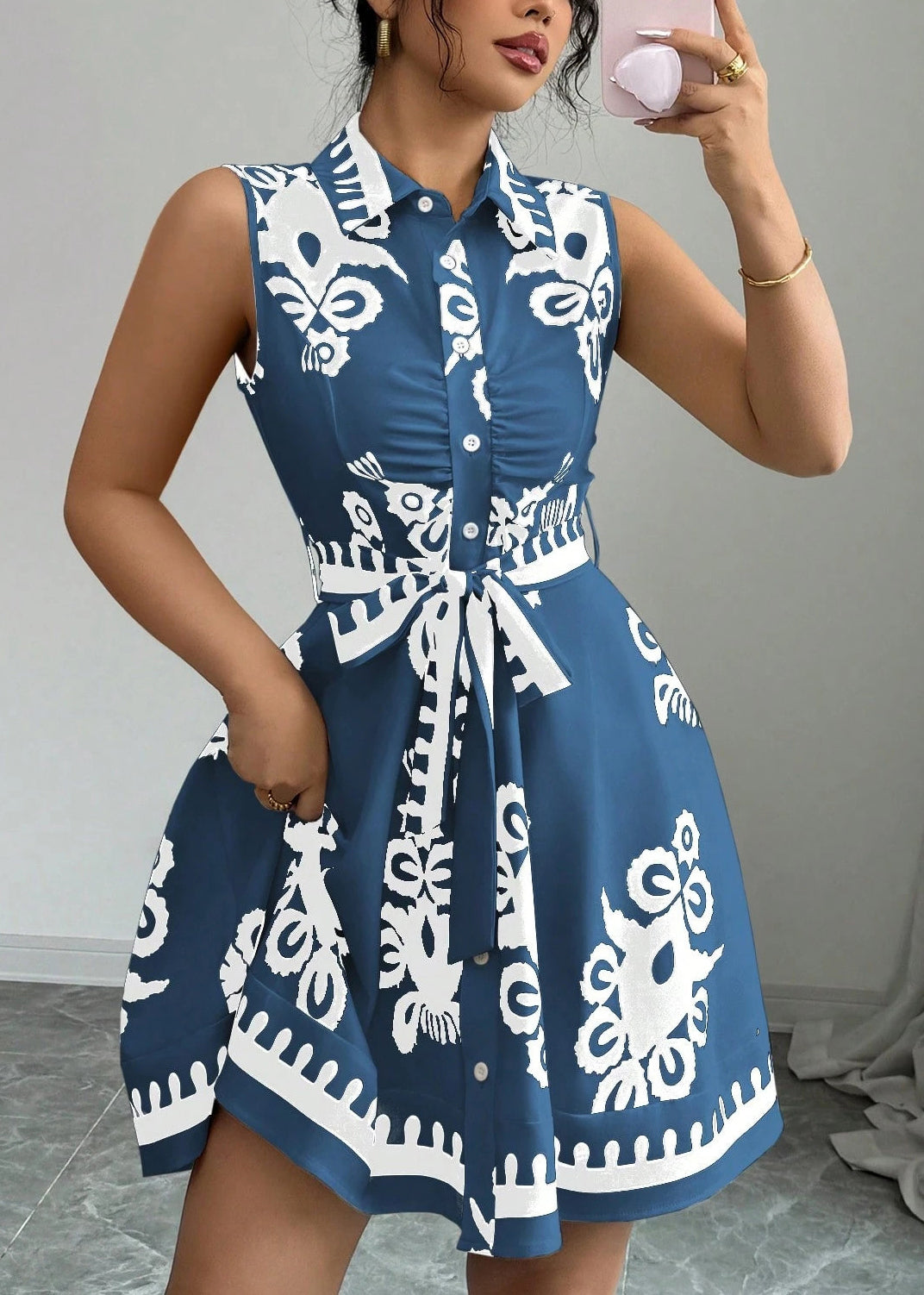 Boho Blue Tie Waist Print Cotton Shirt Dress Summer