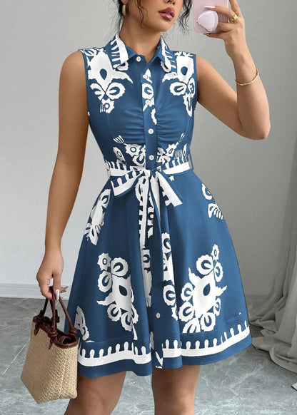Boho Blue Tie Waist Print Cotton Shirt Dress Summer