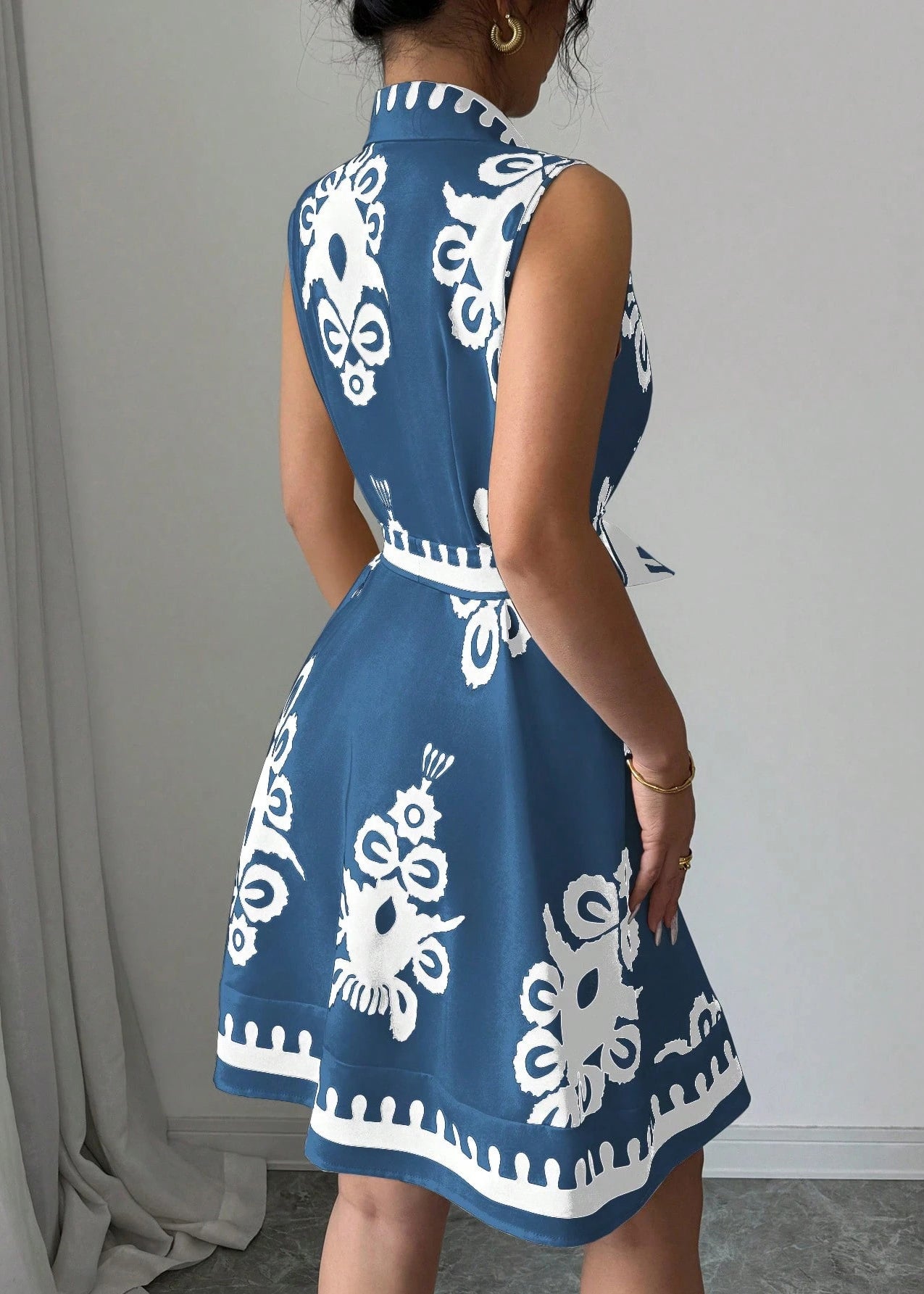 Boho Blue Tie Waist Print Cotton Shirt Dress Summer
