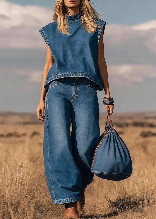 Boho Blue Top And Pants Denim Two Pieces Set Summer
