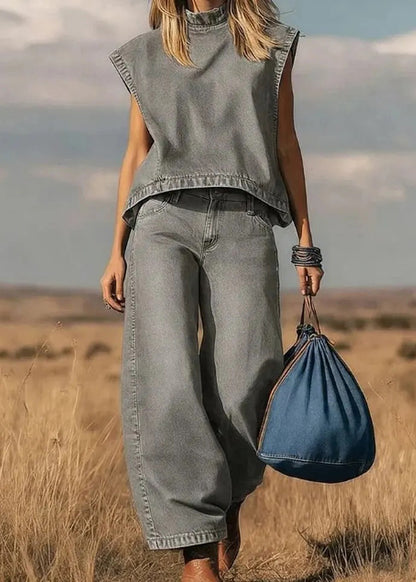 Boho Blue Top And Pants Denim Two Pieces Set Summer