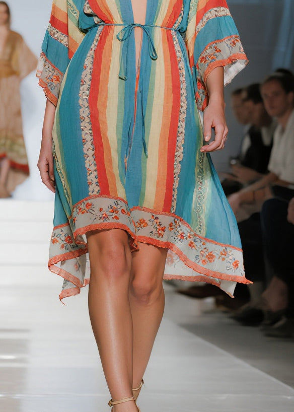 Boho Blue Tunic Striped Cotton Mini Dresses Summer