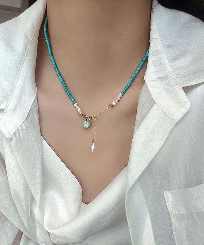 Boho Blue Turquoise With Fine Pearl Gratuated Bead Necklace