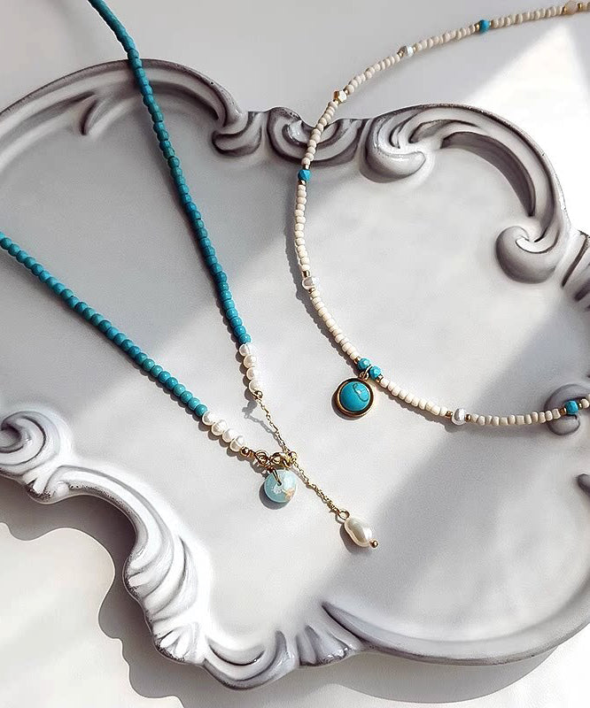 Boho Blue Turquoise With Fine Pearl Gratuated Bead Necklace