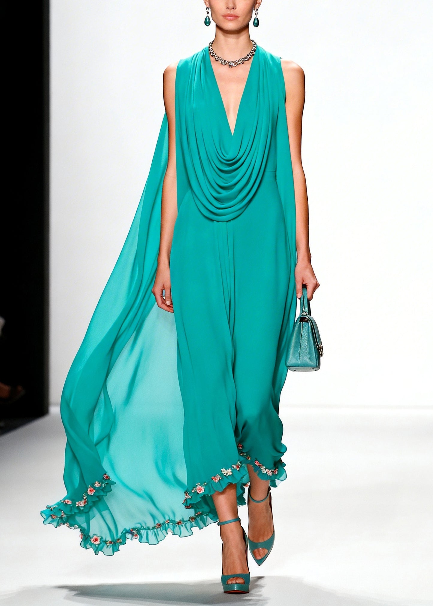 Boho Blue Turtle Neck Floral Ruffled Chiffon Vacation Dresses Summer