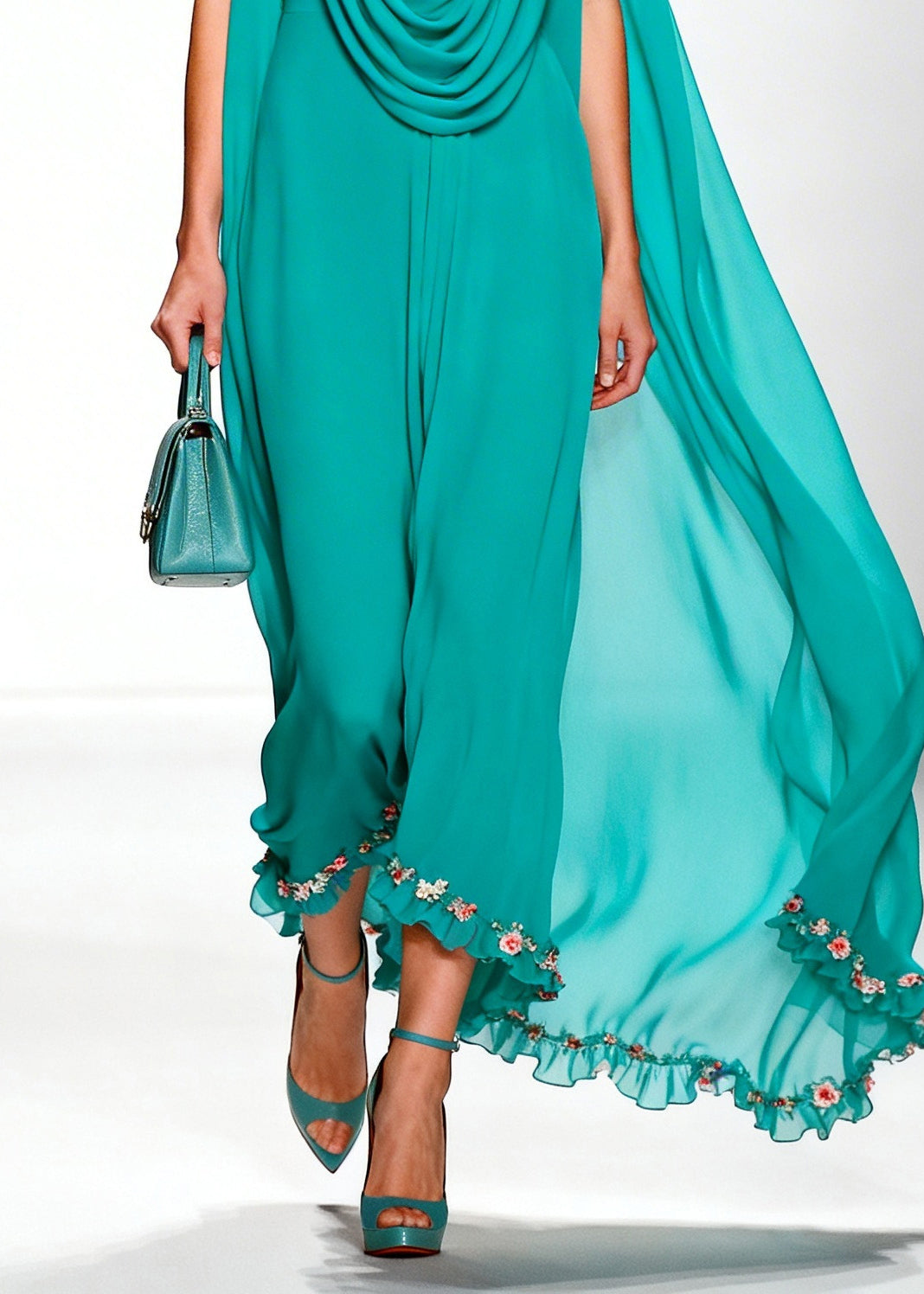 Boho Blue Turtle Neck Floral Ruffled Chiffon Vacation Dresses Summer