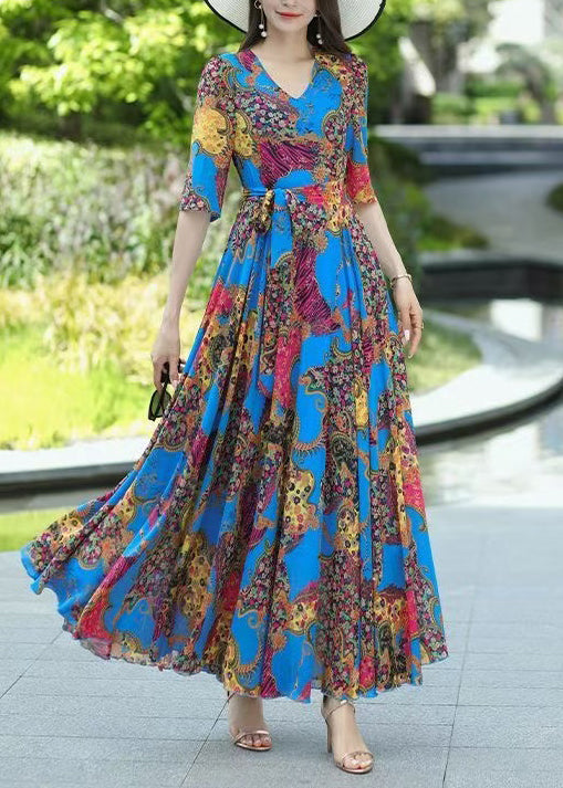 Boho Blue V Neck Print Lace Up Chiffon Dress Summer