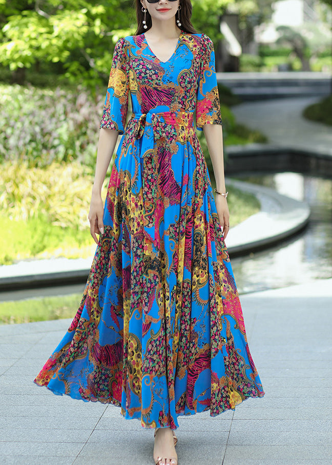 Boho Blue V Neck Print Lace Up Chiffon Dress Summer