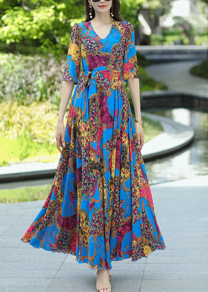 Boho Blue V Neck Print Lace Up Chiffon Dress Summer