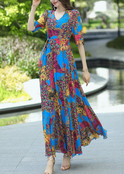 Boho Blue V Neck Print Lace Up Chiffon Dress Summer