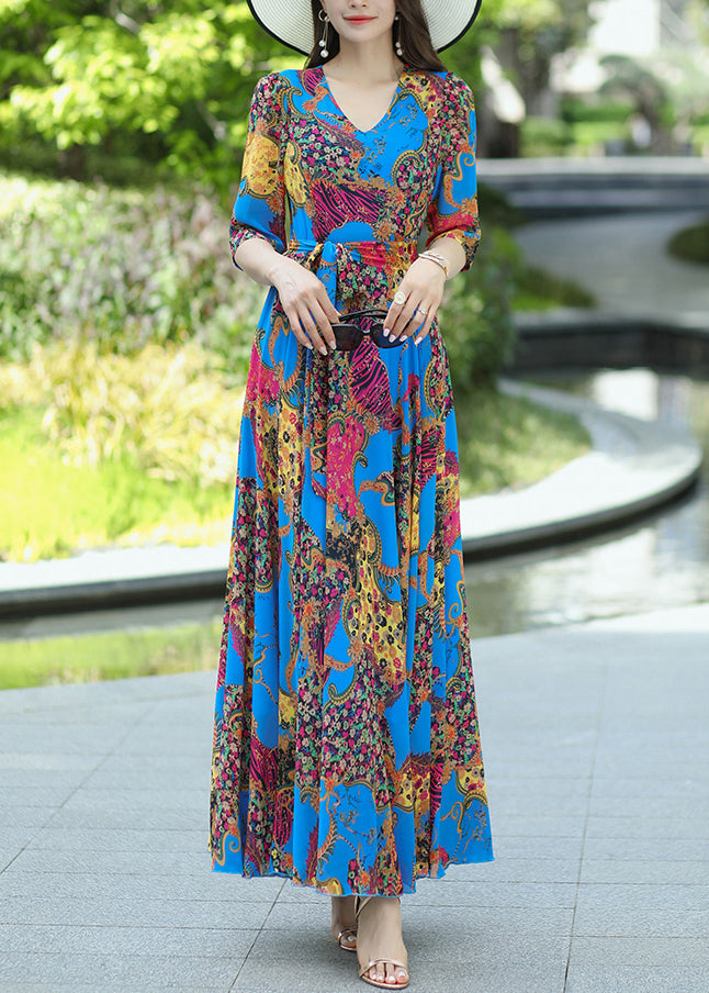Boho Blue V Neck Print Lace Up Chiffon Dress Summer