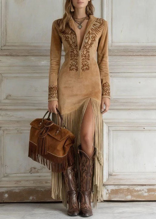 Boho Blue Zip Up Tassel Patchwork Faux Suede Long Dresses Fall