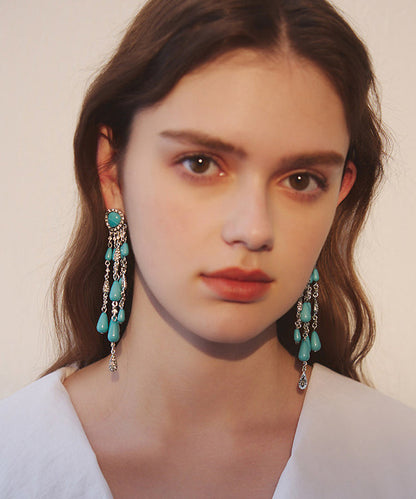 Boho Blue Zircon Water Drop Tassels Silver Plated Drop Earrings