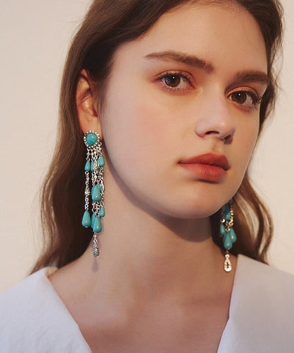 Boho Blue Zircon Water Drop Tassels Silver Plated Drop Earrings