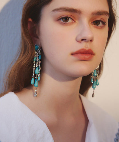 Boho Blue Zircon Water Drop Tassels Silver Plated Drop Earrings