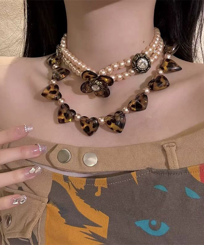 Boho Brown Acrylic Pearl  Leopard Heart Shaped Floral Choker Two Piece Set