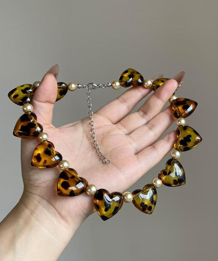 Boho Brown Acrylic Pearl  Leopard Heart Shaped Floral Choker Two Piece Set