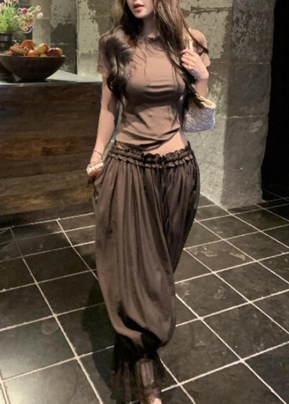 Boho Brown Lace Patchwork Top And Lantern Pants Two Pieces Set Short Sleeve