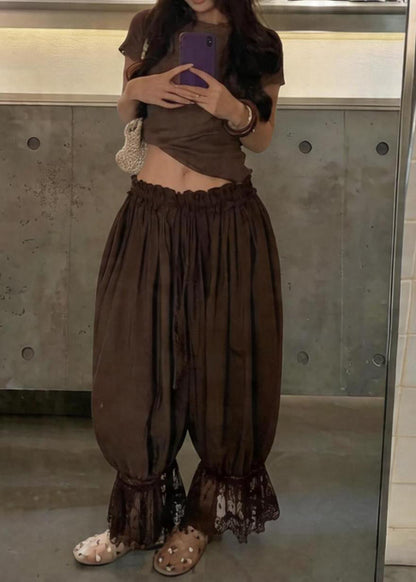 Boho Brown Lace Patchwork Top And Lantern Pants Two Pieces Set Short Sleeve