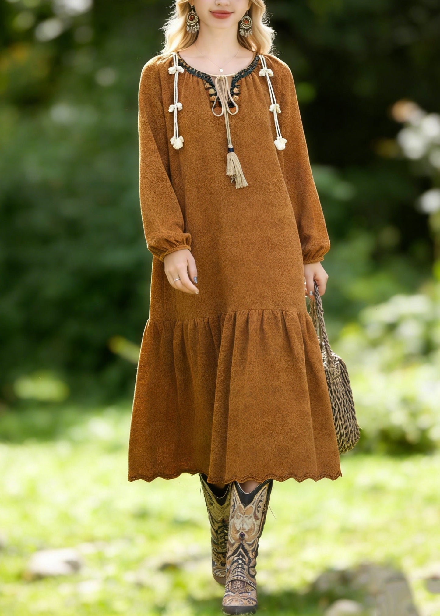 Boho Brown O Neck Jacquard Lace Vacation Dresses Spring