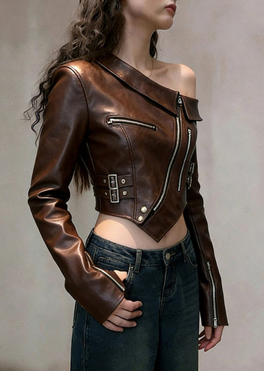 Boho Brown One Shoulder Bare Midriff Faux Leather Coats Spring