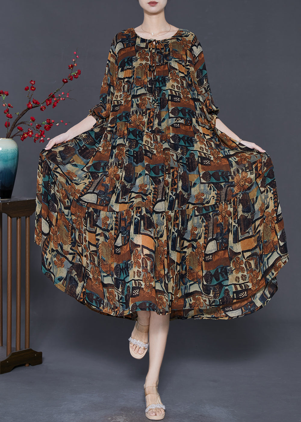 Boho Brown Oversized Print Chiffon Vacation Dresses Spring