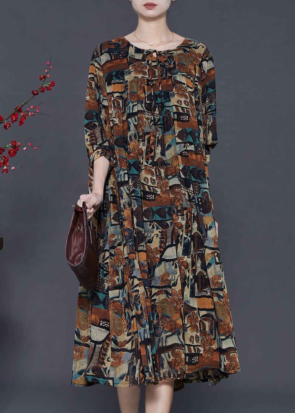 Boho Brown Oversized Print Chiffon Vacation Dresses Spring