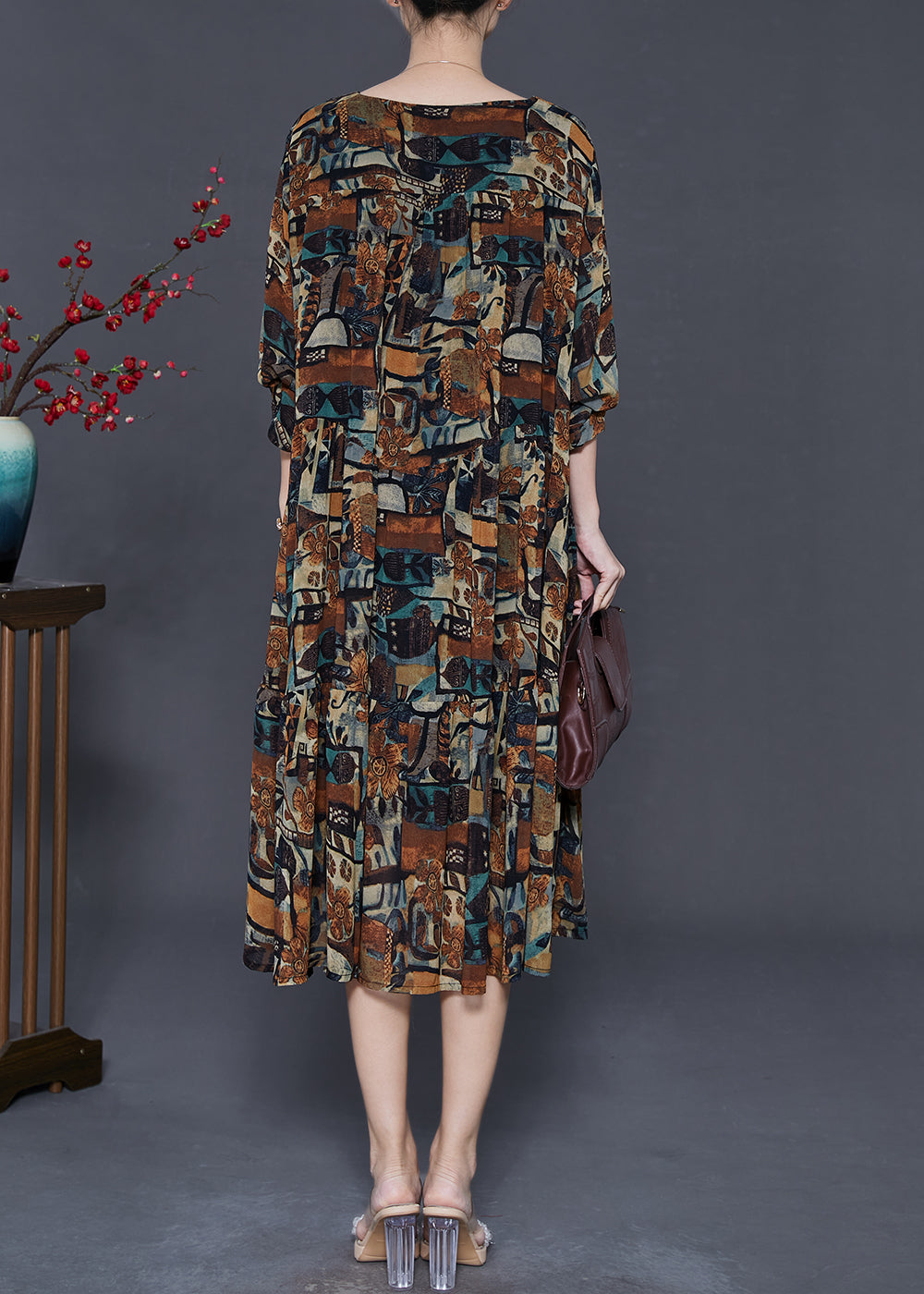 Boho Brown Oversized Print Chiffon Vacation Dresses Spring