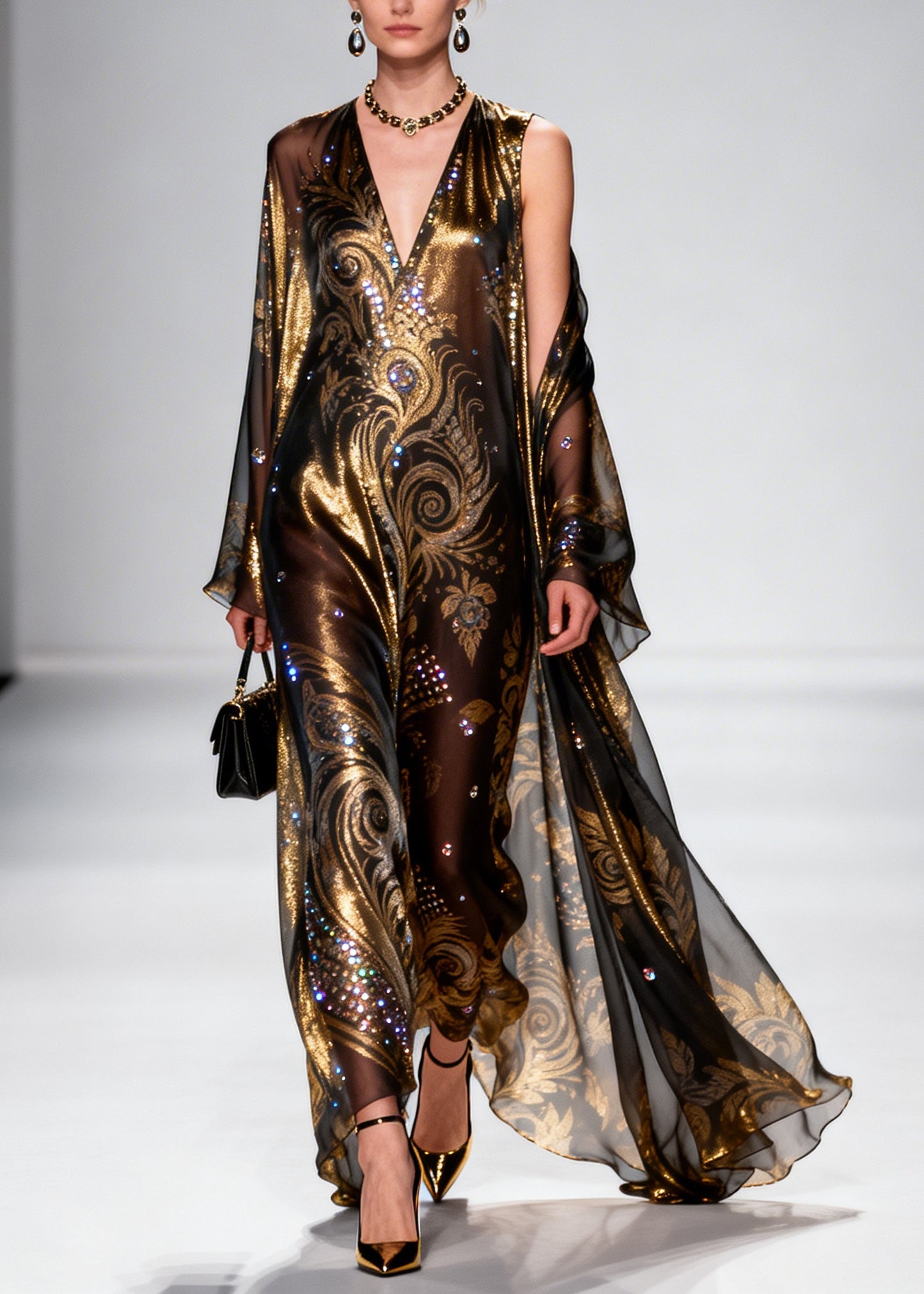 Boho Brown Rhinestone Exra Large Hem Silk Party Dress Summer