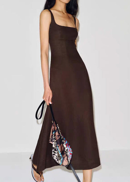 Boho Brown Square Collar Silm Fit Spandex Day Dress Summer