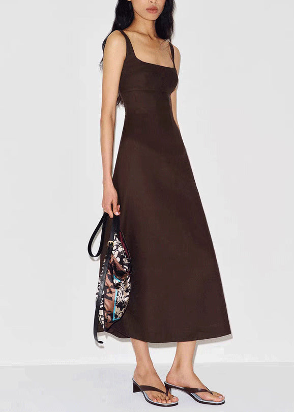 Boho Brown Square Collar Silm Fit Spandex Day Dress Summer