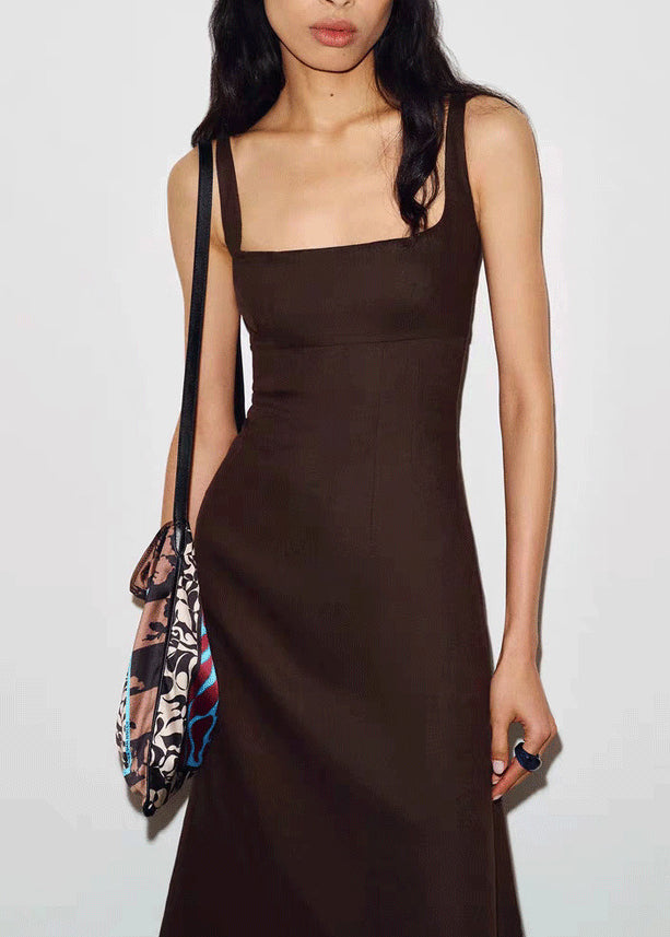 Boho Brown Square Collar Silm Fit Spandex Day Dress Summer