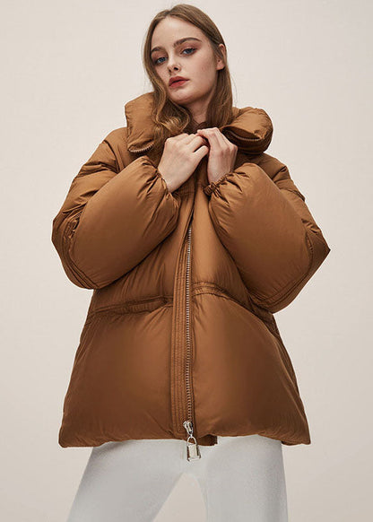 Boho Brown Stand Collar Zippered Thick Duck Down Puffer Jacket Winter