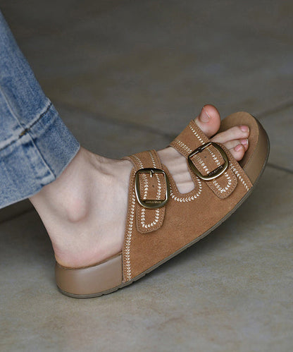 Boho Buckle Strap Brown Cowhide Leather Slide Sandals