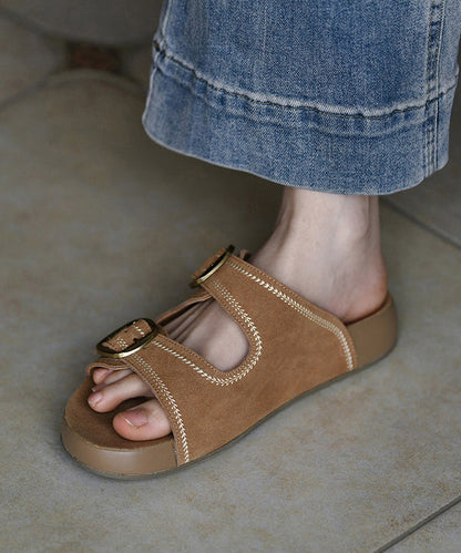 Boho Buckle Strap Brown Cowhide Leather Slide Sandals
