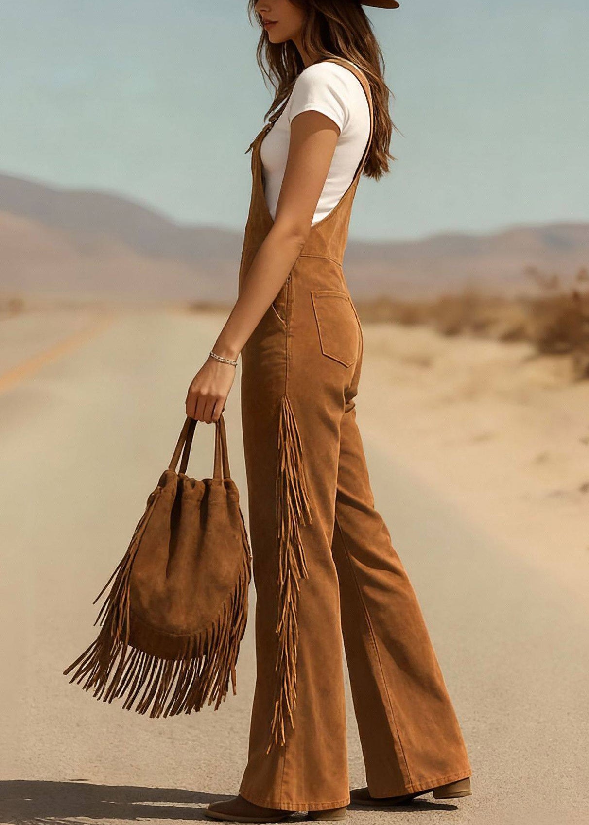 Boho Caramel Pockets Faux Suede Jumpsuit Summer