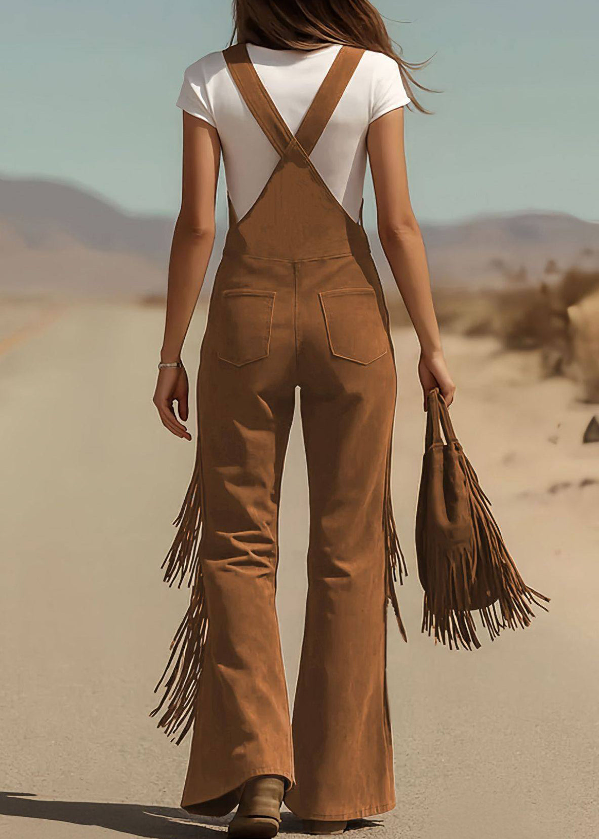 Boho Caramel Pockets Faux Suede Jumpsuit Summer