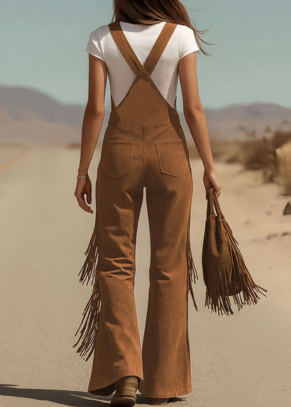 Boho Caramel Pockets Faux Suede Jumpsuit Summer