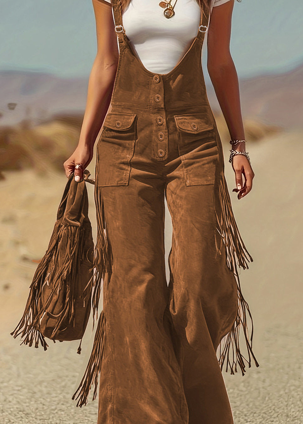 Boho Caramel Pockets Faux Suede Jumpsuit Summer