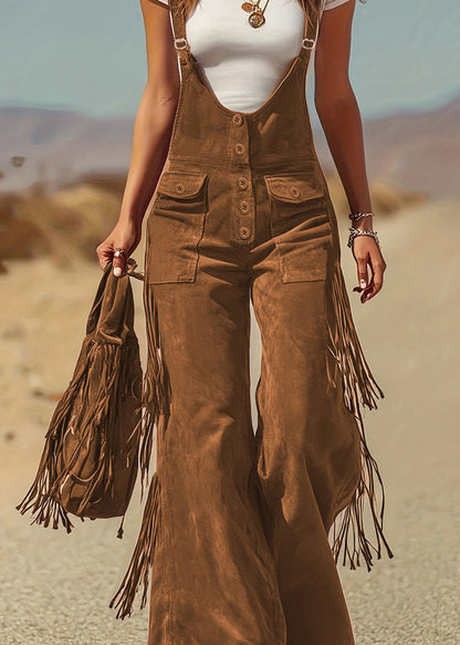 Boho Caramel Pockets Faux Suede Jumpsuit Summer