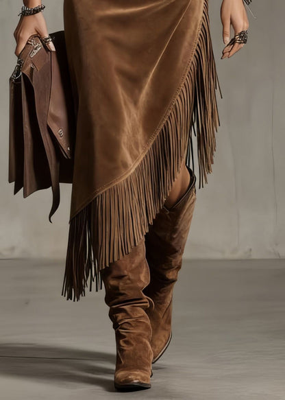 Boho Chocolate Asymmetrical Tasseled High Waist Faux Suede Skirt Spring
