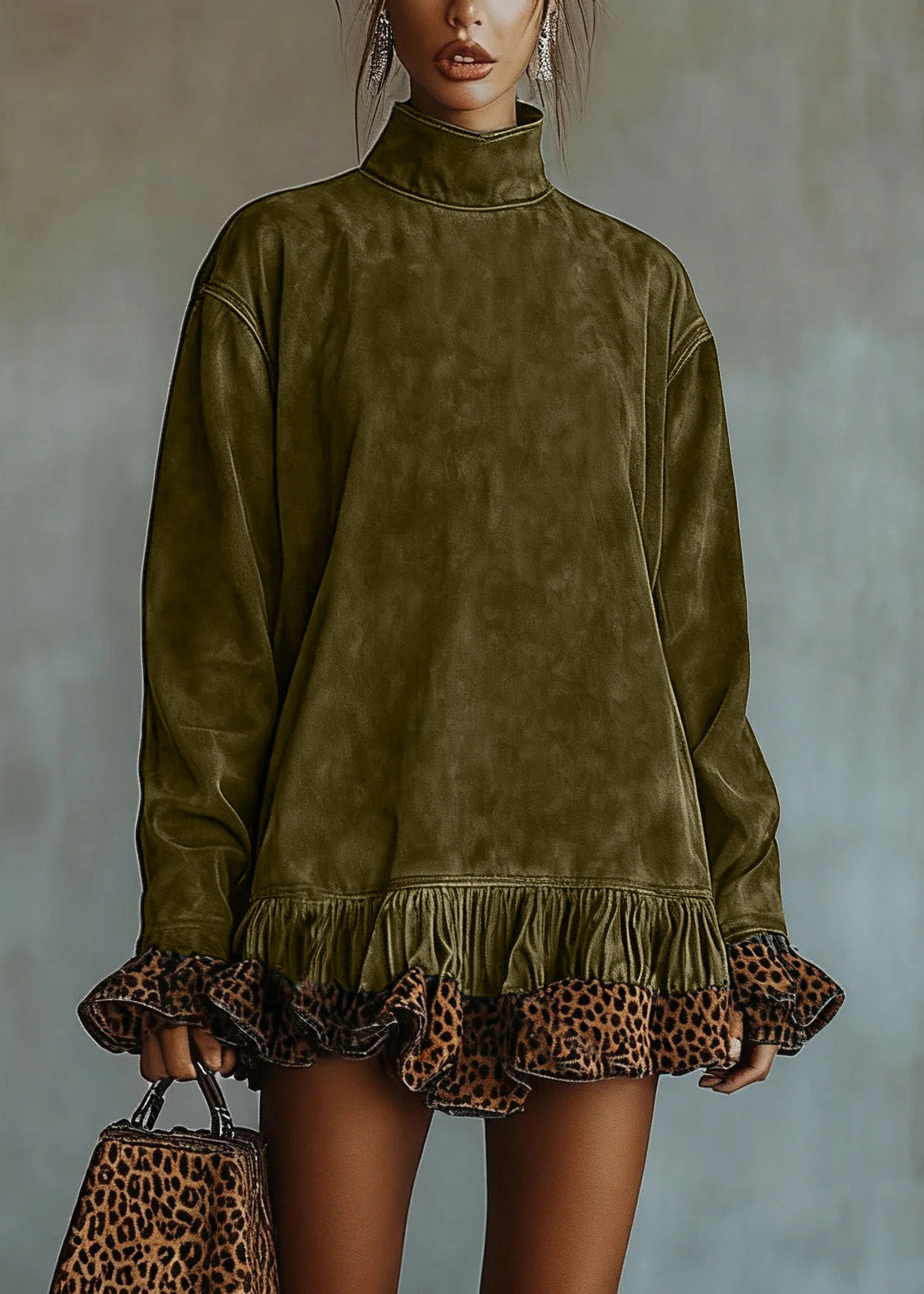 Boho Chocolate Hign Neck Ruffled Patchwork Faux Suede Dresses Spring